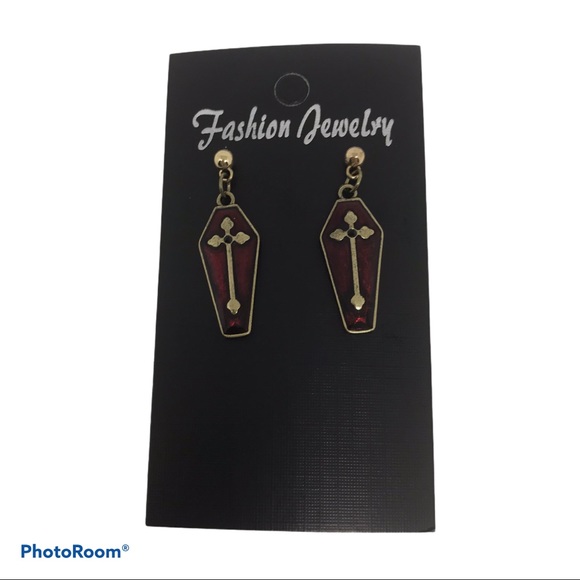 Red & Gold CROSS COFFIN Earrings goth gothic new - Picture 3 of 4